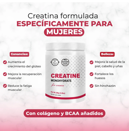 Creatina Monohidratada, For Women, sin azúcar con colágeno y BCAA, Sin Sabor