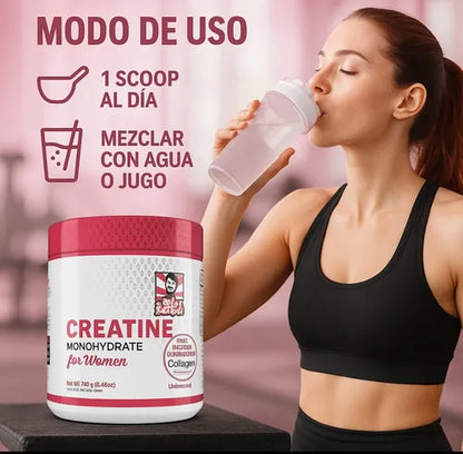 Creatina Monohidratada, For Women, sin azúcar con colágeno y BCAA, Sin Sabor